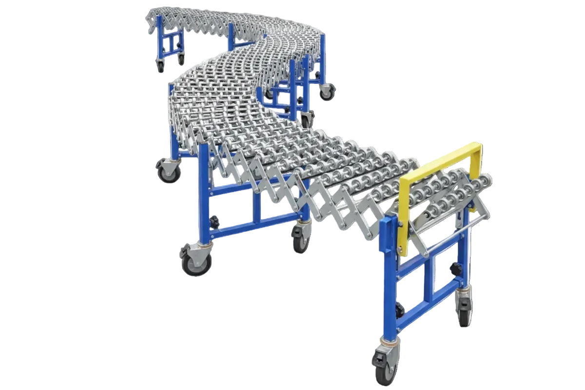 Flexible blue metal conveyor with rollers and adjustable sections on wheels.