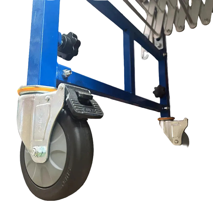 Close-up of a blue flexible conveyor's swivel caster with a locking brake, showing sturdy metal frame and adjustment knobs.