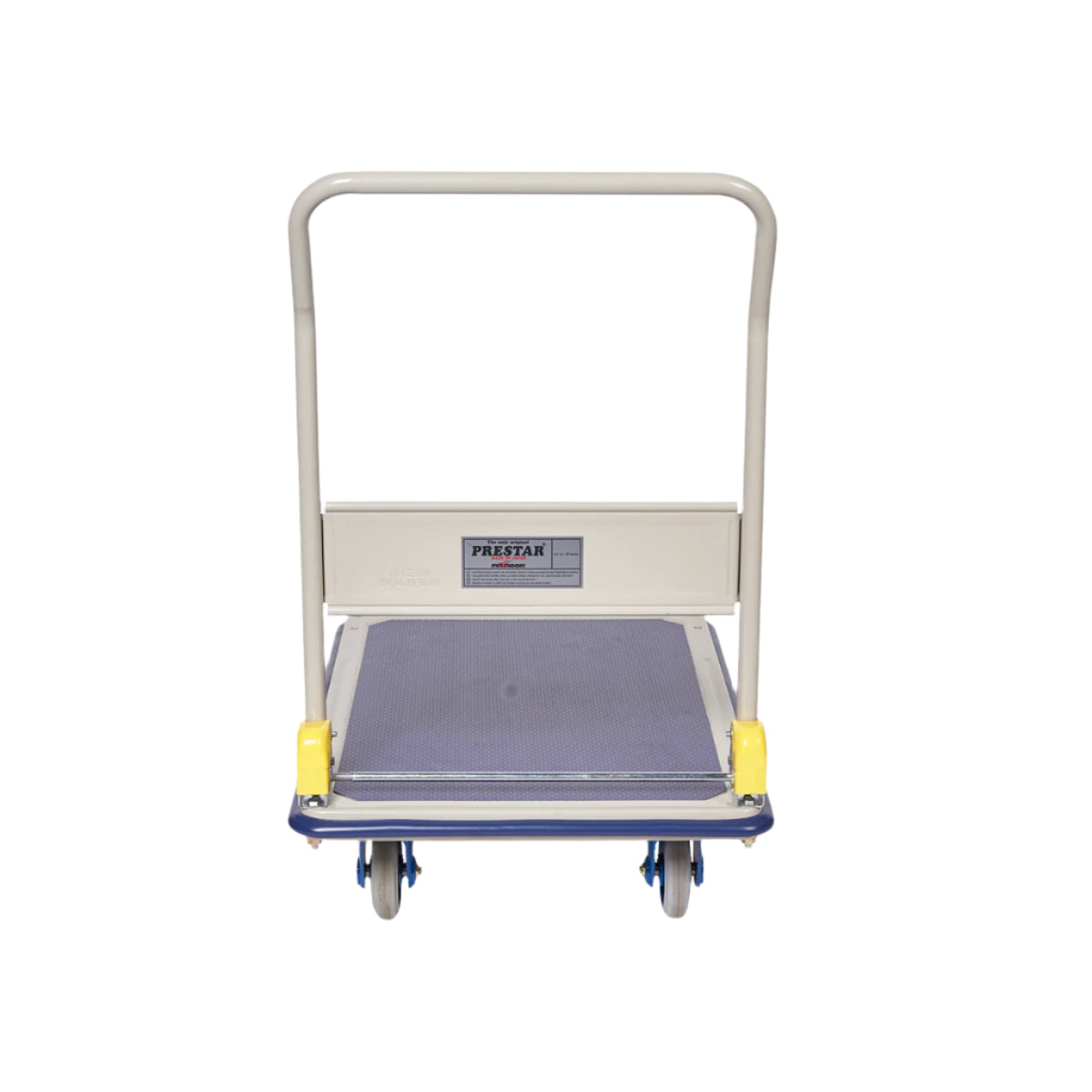 A flatbed trolley with a light-colored frame, blue base, yellow bumpers, and two handles, designed for transporting goods.