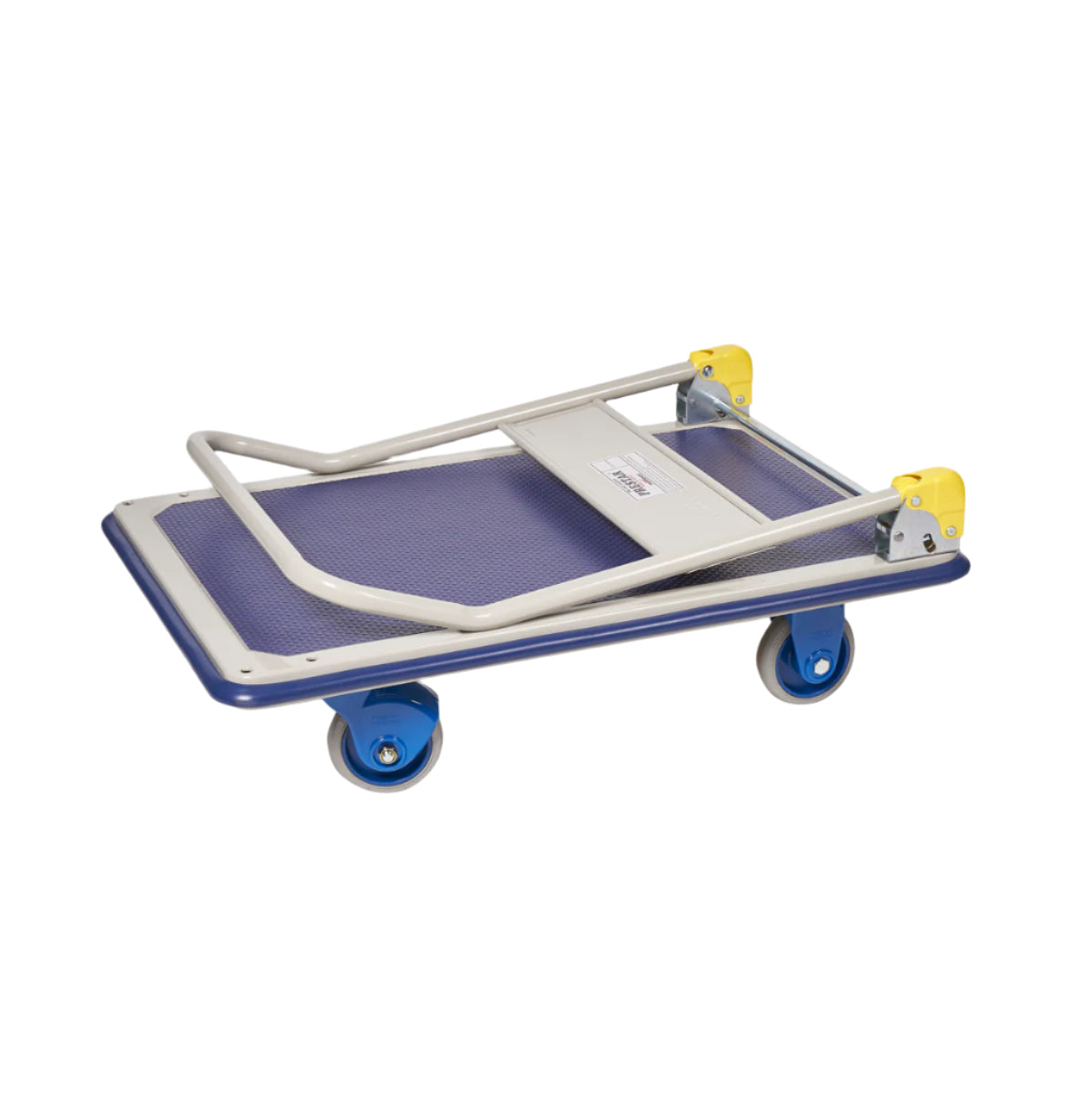 Folding platform cart with a blue deck, gray metal frame, and yellow wheel casters, designed for easy transport and storage.