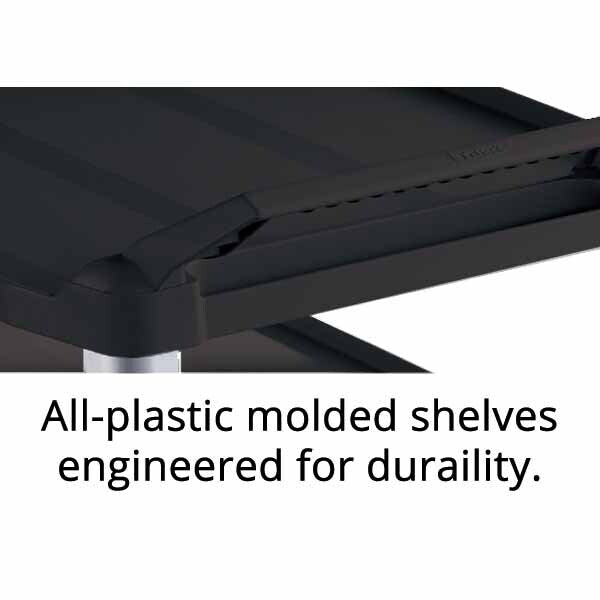 Close-up of all-plastic molded shelves designed for durability, featuring a sleek black surface and sturdy construction.