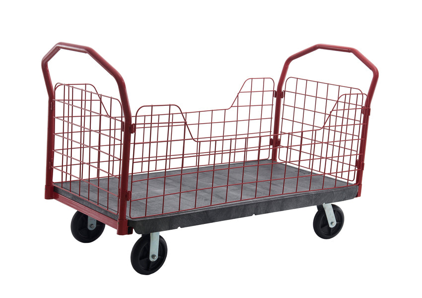 Red metal utility cart with a mesh design, wooden base, and four wheels, ideal for transporting items easily.