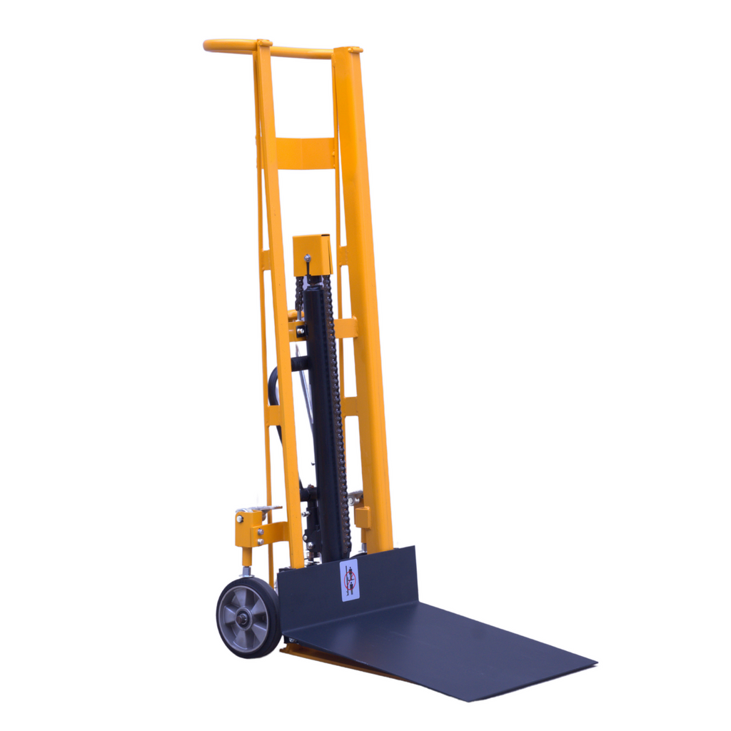 A yellow manual pallet stacker with a fork and wheels, designed for lifting and transporting pallets, set against a white background.
