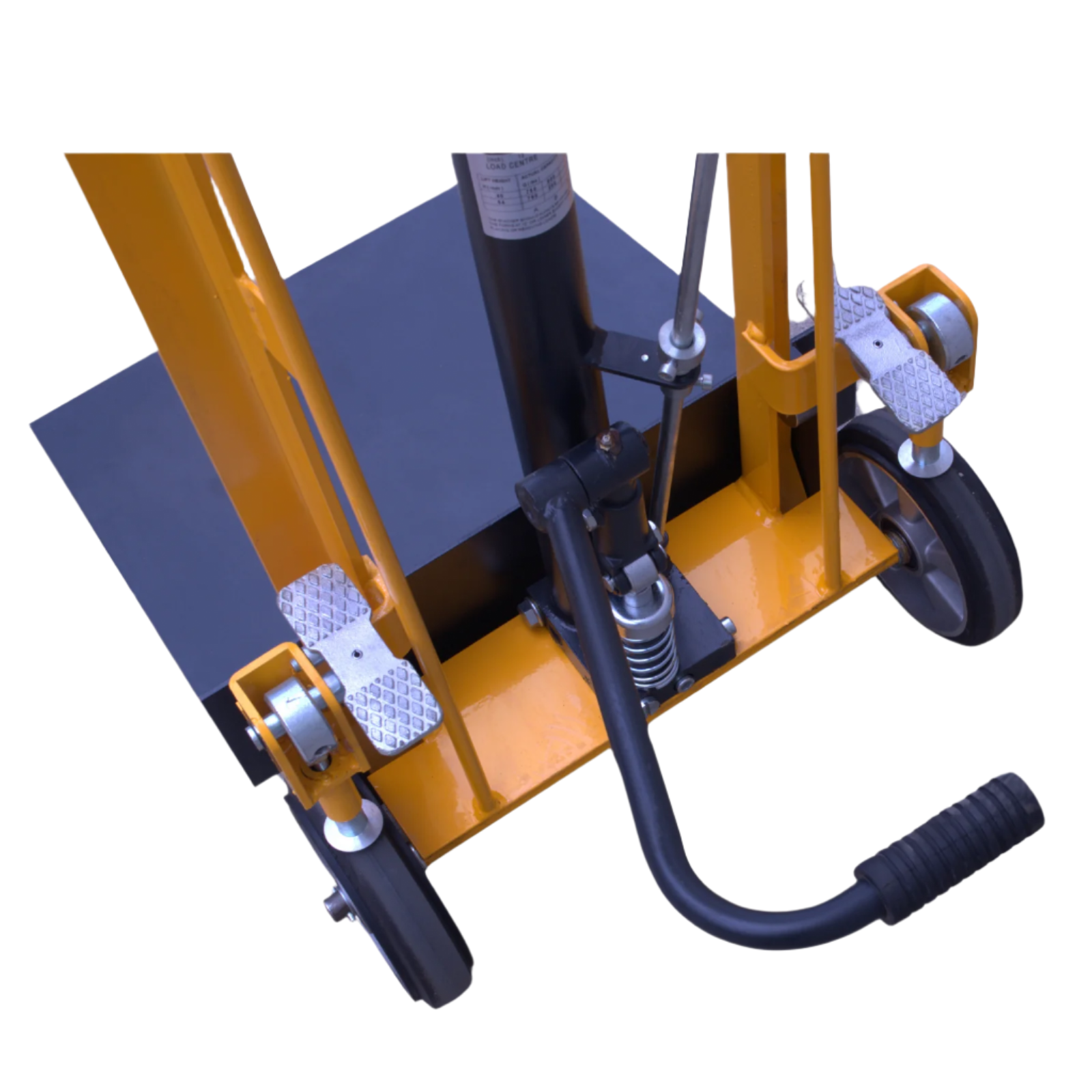 Close-up of a hydraulic lift cart's base, featuring a black platform, yellow frame, and foot pedal for operation.