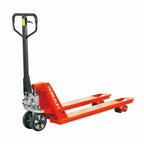 A bright orange hand pallet jack with a black handle, designed for lifting and moving heavy loads in warehouses or retail.