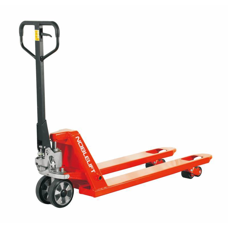 A bright orange hand pallet jack with a black handle, designed for lifting and moving heavy loads in warehouses or retail.