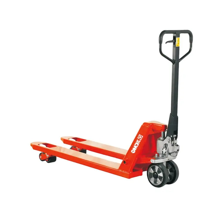 A bright orange pallet jack with a black handle, designed for lifting and transporting goods on pallets.