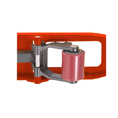 Close-up of a mechanical device with an orange frame and a red cylindrical roller, showcasing its intricate parts and functionality.