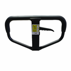 Black pallet jack handle with warning labels.