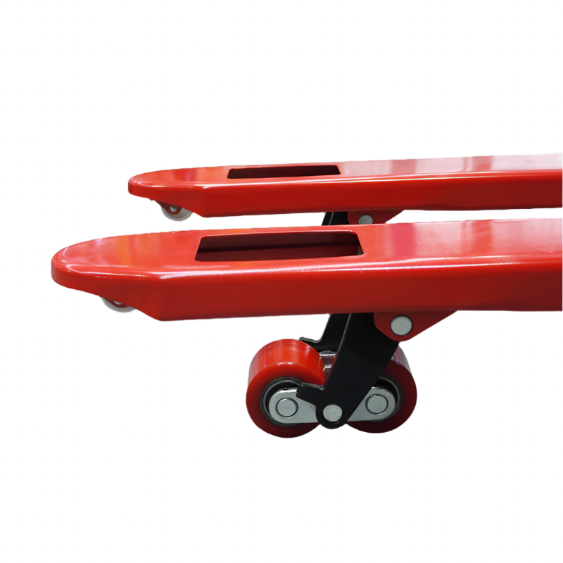Close-up of two red forklift forks raised, showcasing smooth wheels for easy mobility and support for heavy loads.