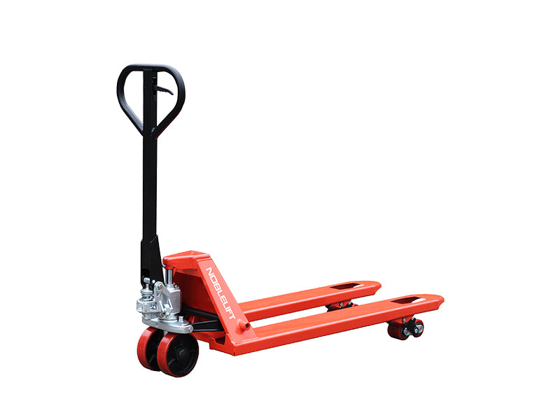 Red and black manual pallet jack with a steel frame and handle, branded 'NOBLELIFT' on the side.