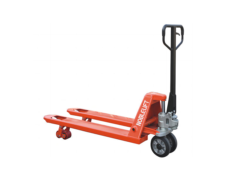 A red hand pallet jack with a black handle, designed for lifting and transporting heavy loads in warehouses or shipping areas.