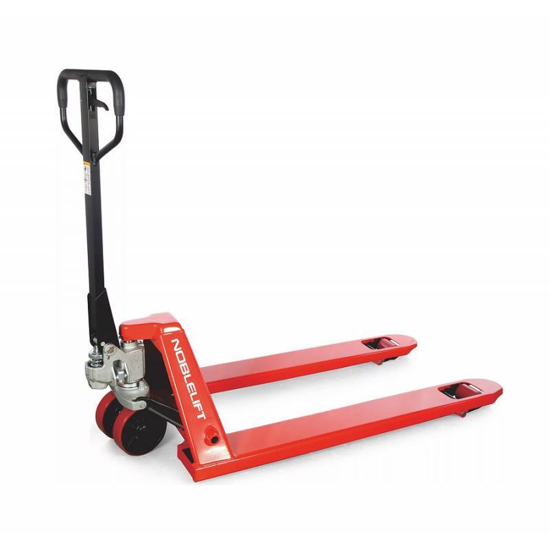 Red pallet jack with a black handle and wheels, designed for lifting and transporting pallets in warehouses and industrial settings.