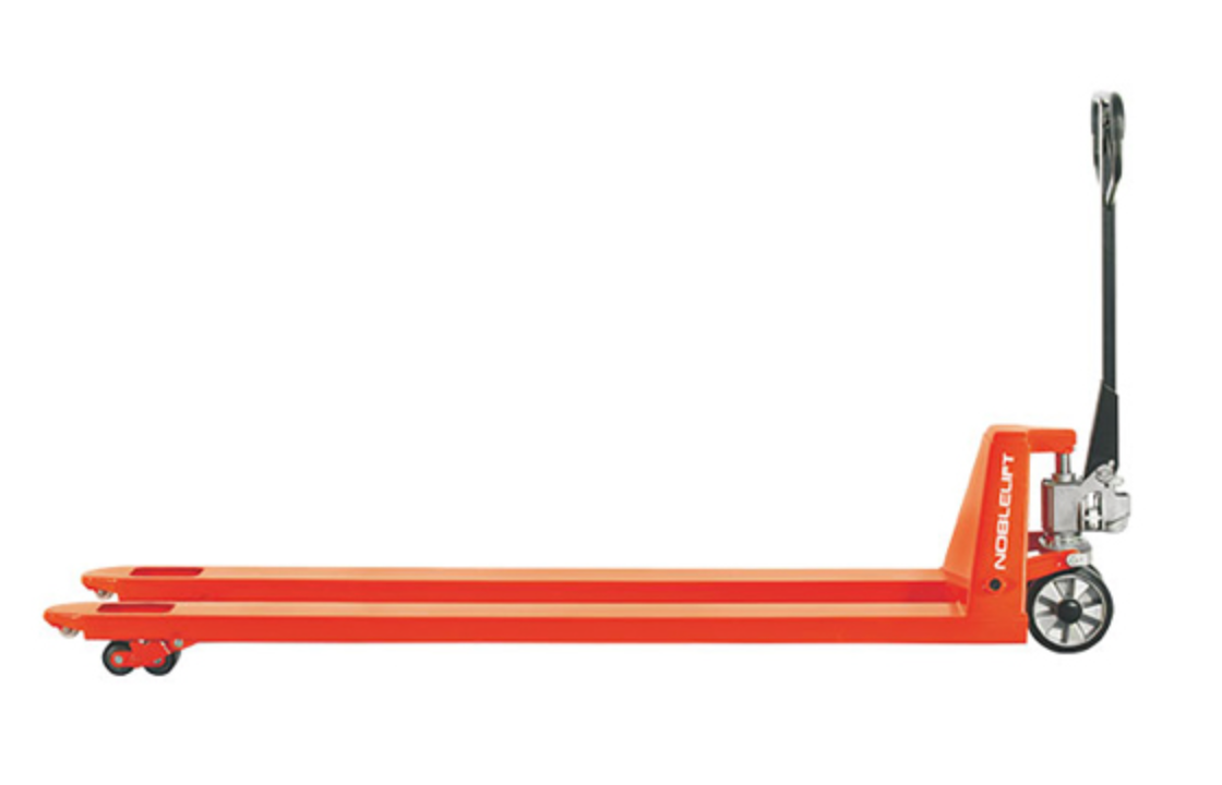 Orange pallet jack with two long forks and a handle, designed for lifting and transporting heavy loads in warehouses.