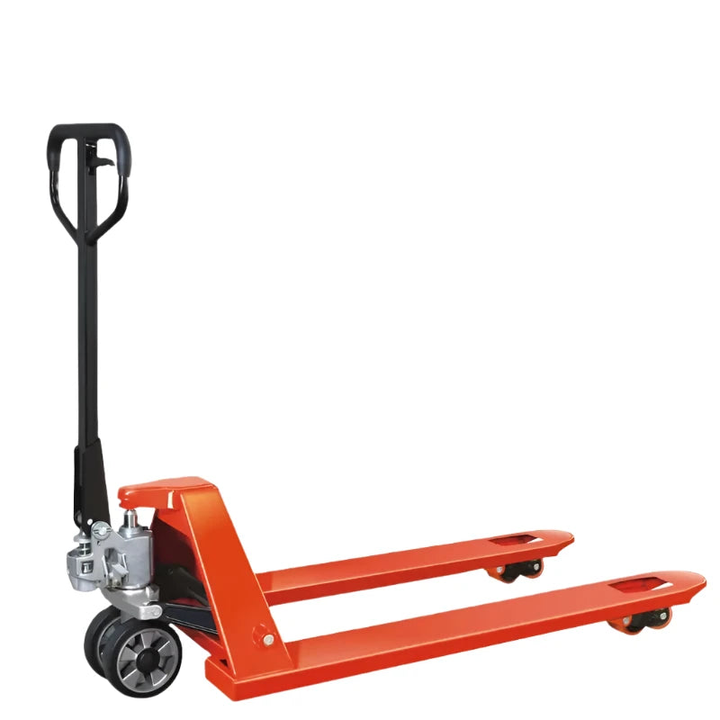 Orange pallet jack with a black handle, designed for lifting and moving heavy loads. Ideal for warehouses and logistics.