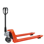 Orange pallet jack with a black handle, designed for lifting and moving heavy loads. Ideal for warehouses and logistics.