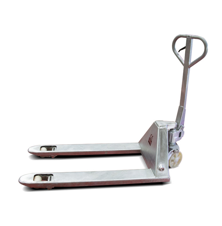 A metallic hand pallet jack with a wheel at the front and two flat forks, designed for lifting and moving heavy loads.