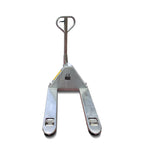 A stainless steel pallet jack with a handle, designed for lifting and transporting heavy loads in warehouses.