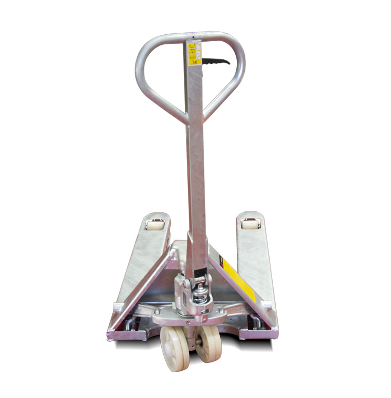A metallic pallet jack with a handle and wheels, designed for lifting and moving heavy loads in warehouses or storage spaces.