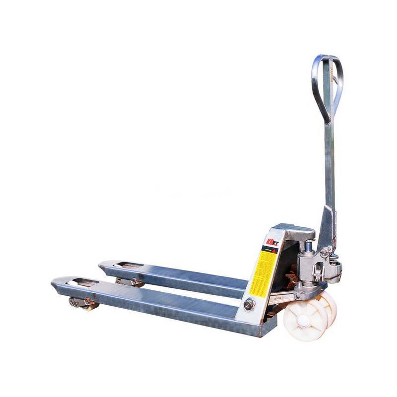 A metallic pallet jack with a long handle and two forked arms, designed for lifting and moving heavy loads efficiently.
