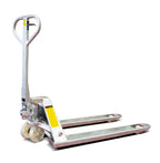 A metal hand pallet jack with a curved handle and two wide forks, designed for lifting and moving heavy loads.