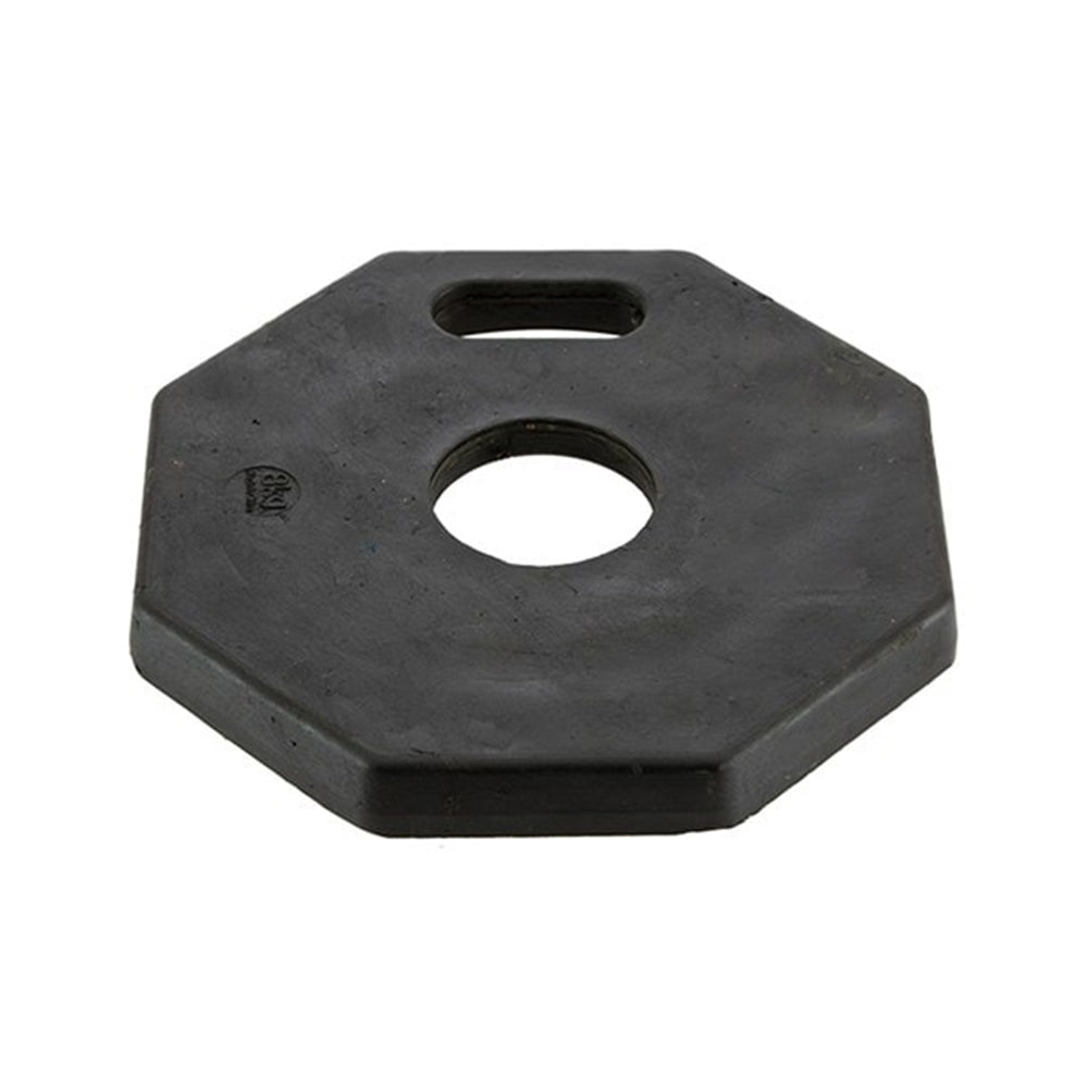 A black octagonal weight plate with a central circular hole and two handles for easy lifting, used with bollard stem.