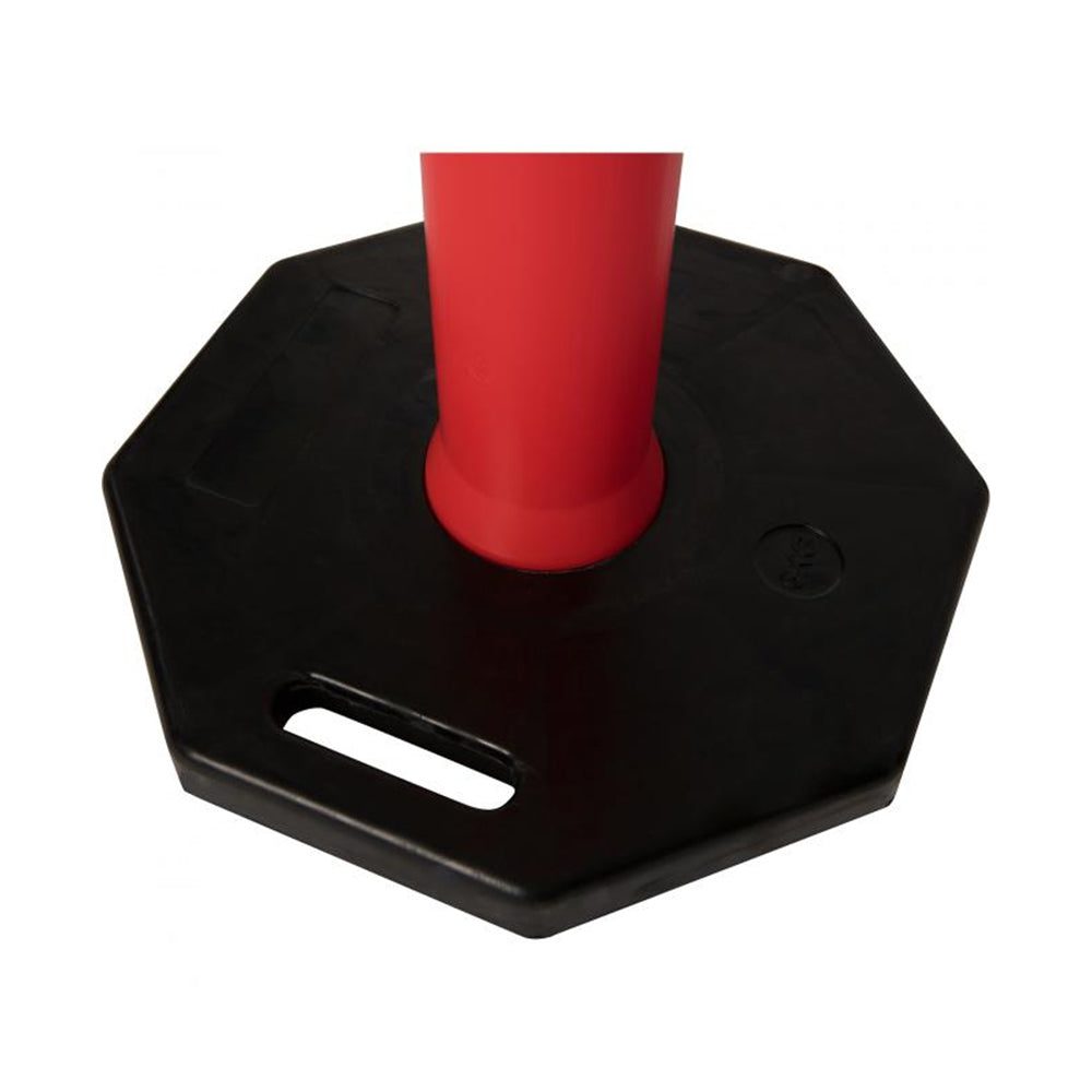 Close-up of a red bollard pole mounted on a hexagonal black base, featuring a handle for easy lifting and stability.