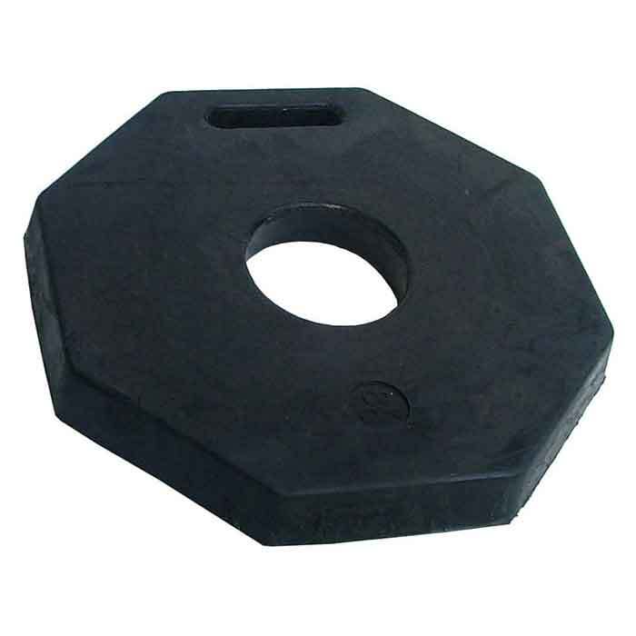 Black rubber octagonal weight plate with a central hole for easy handling, used with bollard stem.