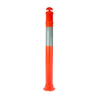 A tall, bright orange traffic bollard with a reflective gray stripe at the center, designed for road safety and visibility.