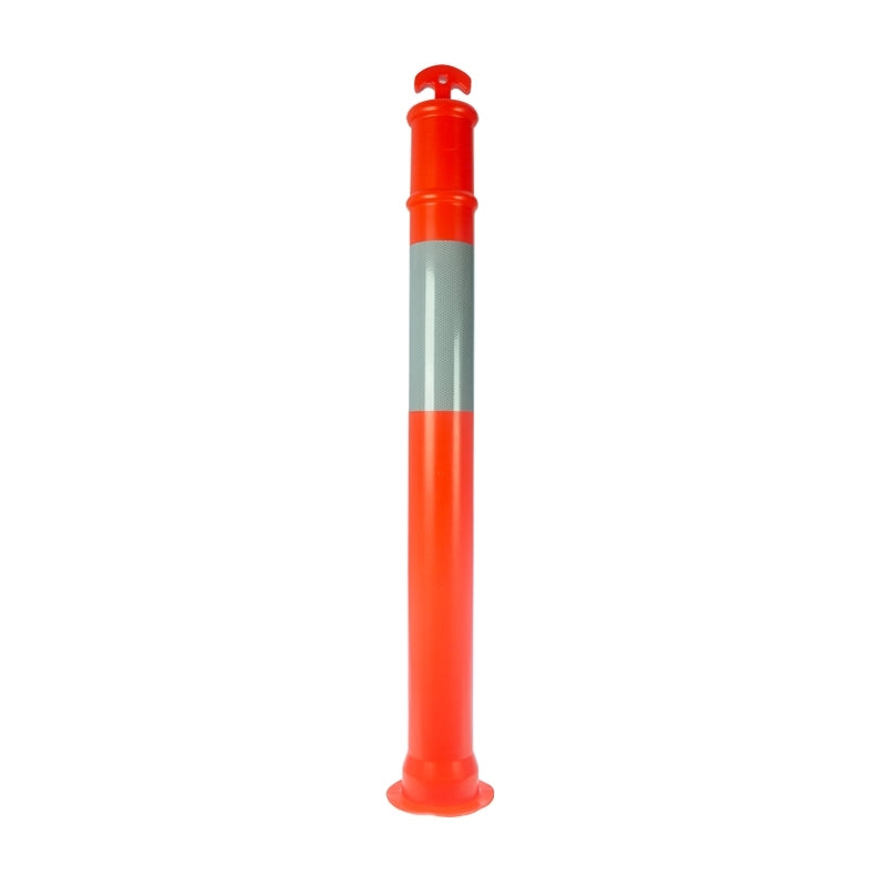 A tall, bright orange traffic bollard with a reflective gray stripe at the center, designed for road safety and visibility.