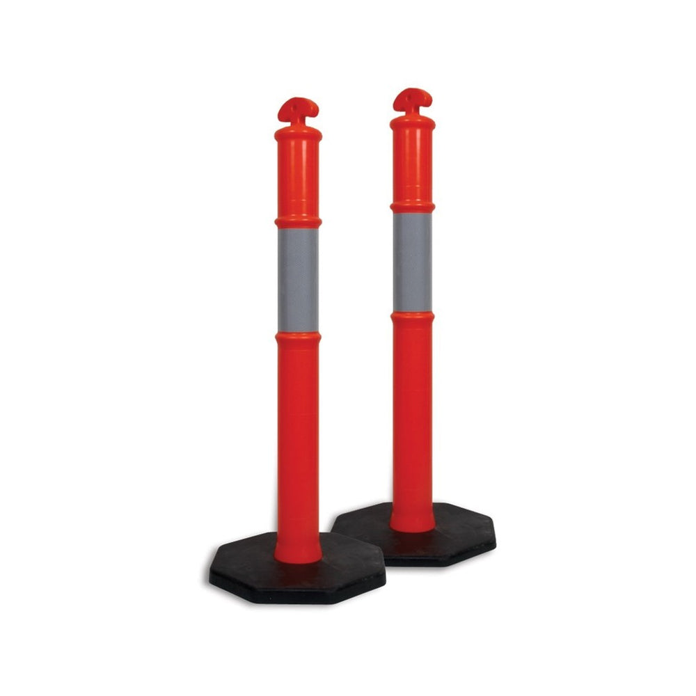 Two red traffic bollards with gray bands on a black hexagonal base, used for directing traffic or marking boundaries.