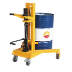 A yellow drum lifter with handles, lifting a blue 55-gallon barrel featuring a Shell logo, mounted on wheels for mobility.