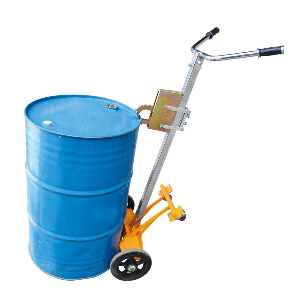 A blue metal drum on a yellow hand trolley with wheels, designed for easy transport and handling of heavy barrels.