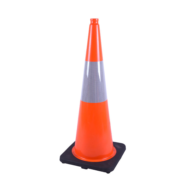 Bright orange traffic cone with a reflective stripe, set on a sturdy black base, used for directing traffic or marking hazards.