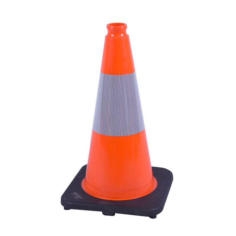 Bright orange traffic cone with a reflective stripe, set on a sturdy black base, used for directing traffic or marking hazards.