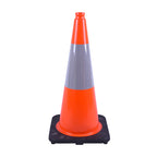 Bright orange traffic cone with a reflective stripe, set on a sturdy black base, used for directing traffic or marking hazards.