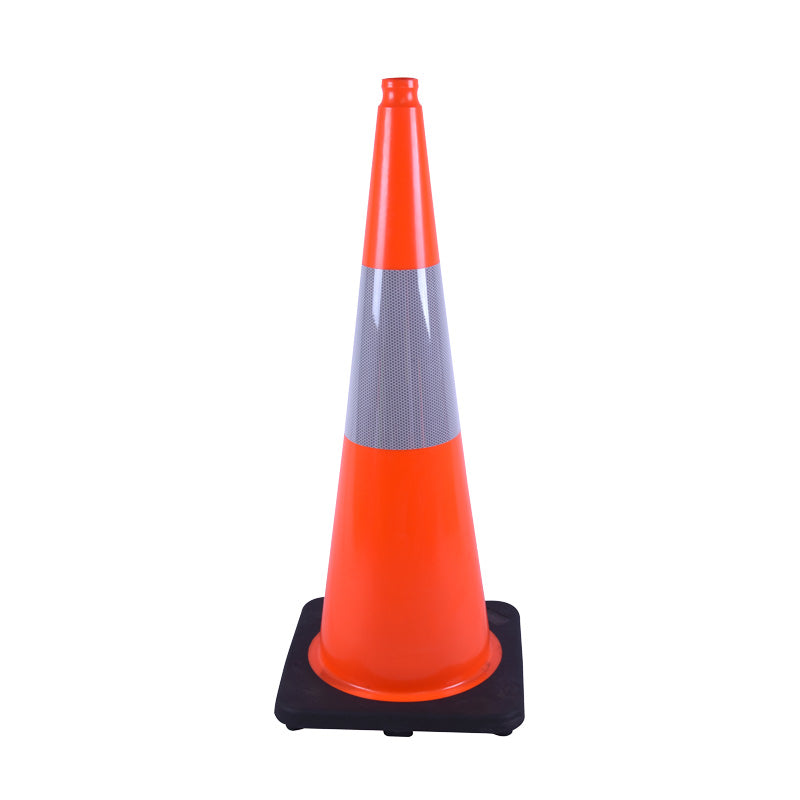 Bright orange traffic cone with a reflective stripe, set on a sturdy black base, used for directing traffic or marking hazards.