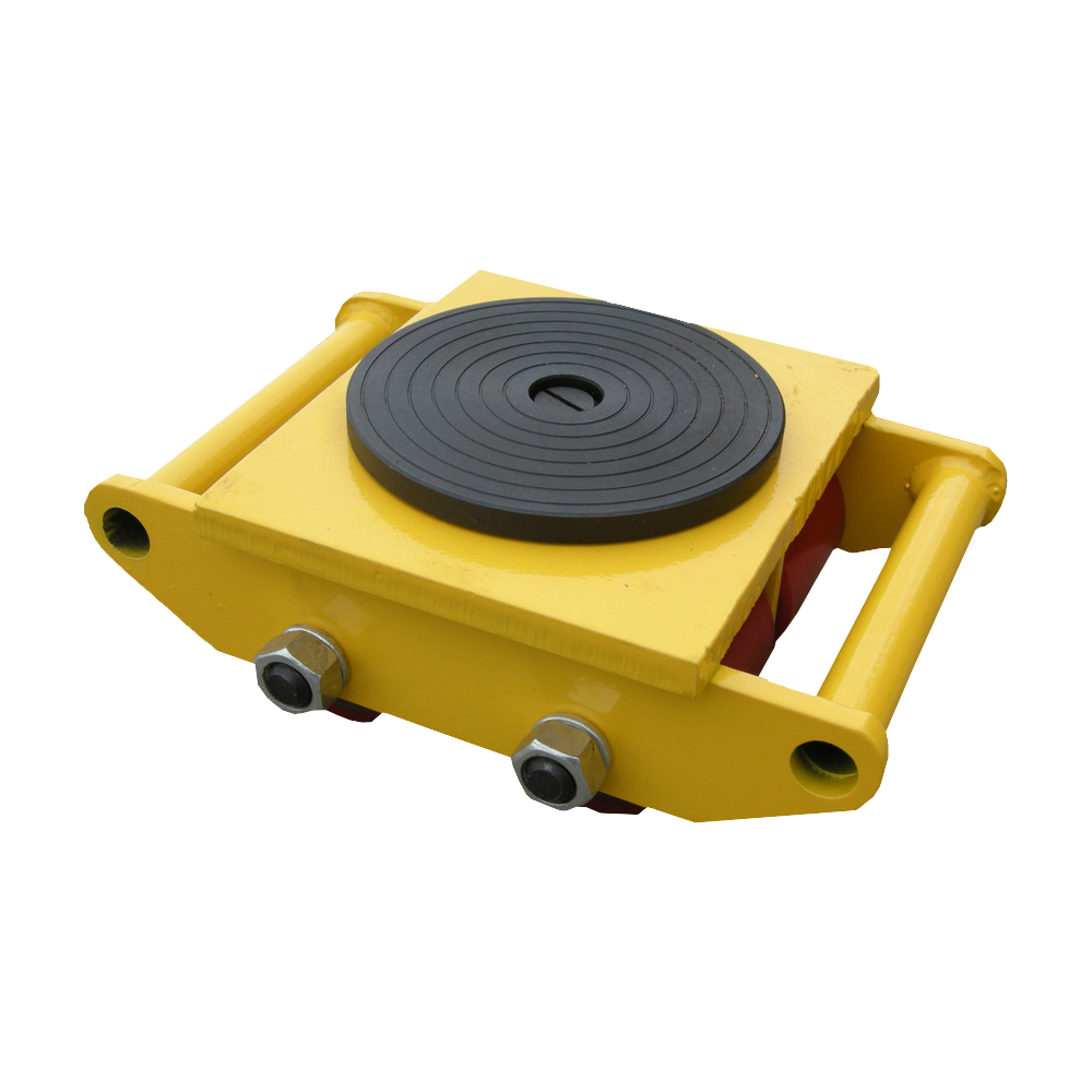 A heavy-duty yellow roller dolly with a circular black rubber surface with four wheels, designed for moving heavy objects easily.