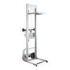 A mini aluminium hand stacker lifter trolley with wheels and a pulley system, designed for elevating heavy objects, featuring a flat platform.