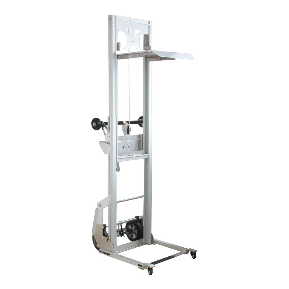 A mini aluminium hand stacker lifter trolley with wheels and a pulley system, designed for elevating heavy objects, featuring a flat platform.