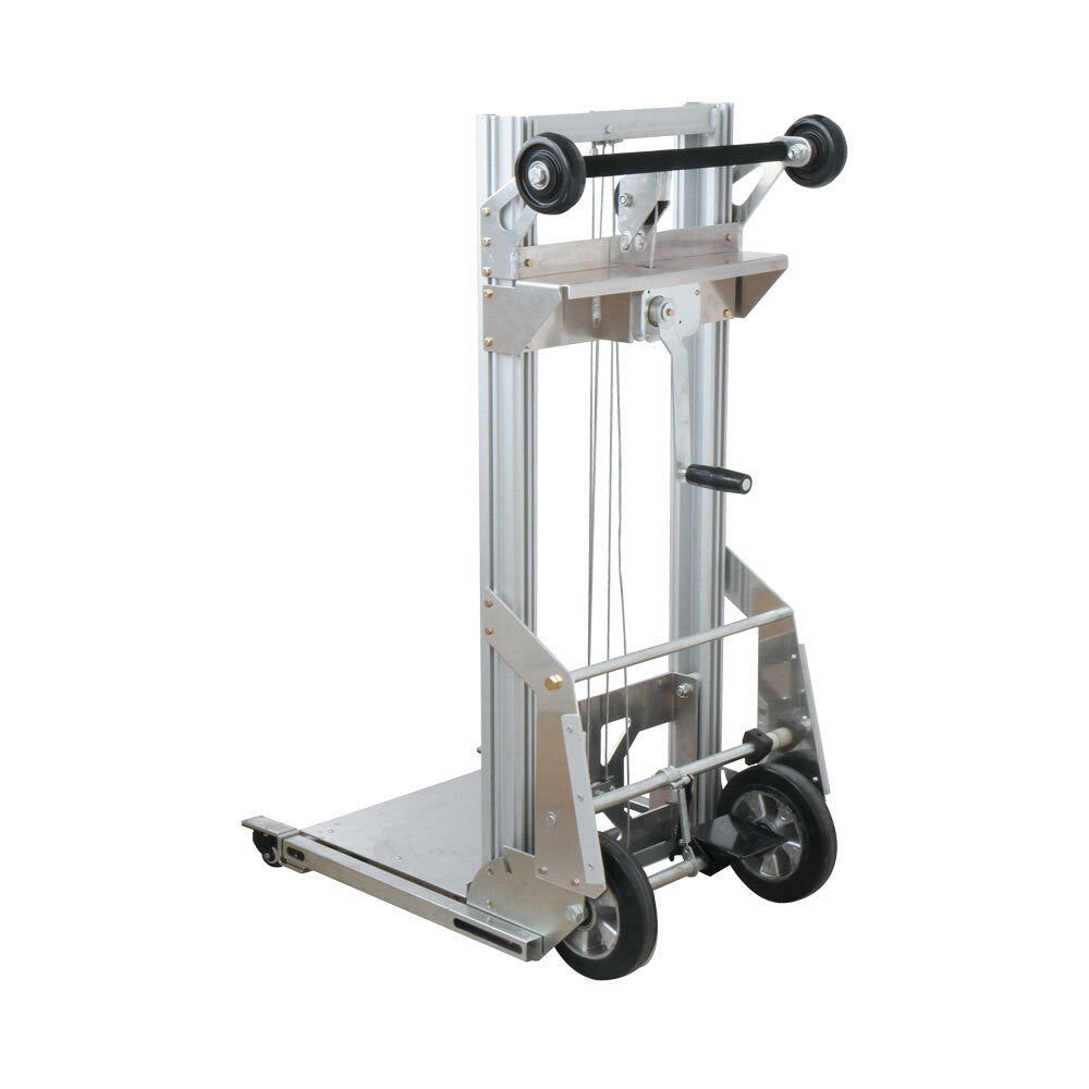 A compact, silver foldable hand truck with two large rear wheels and sturdy frame, designed for easy transportation of heavy items.