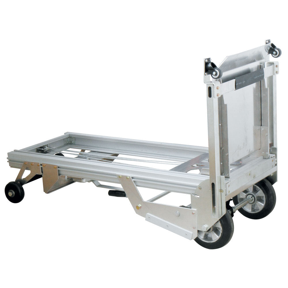 A compact, silver foldable hand truck with two large rear wheels and sturdy frame, designed for easy transportation of heavy items.