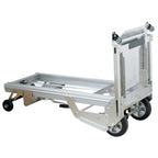 A compact, silver foldable hand truck with two large rear wheels and sturdy frame, designed for easy transportation of heavy items.