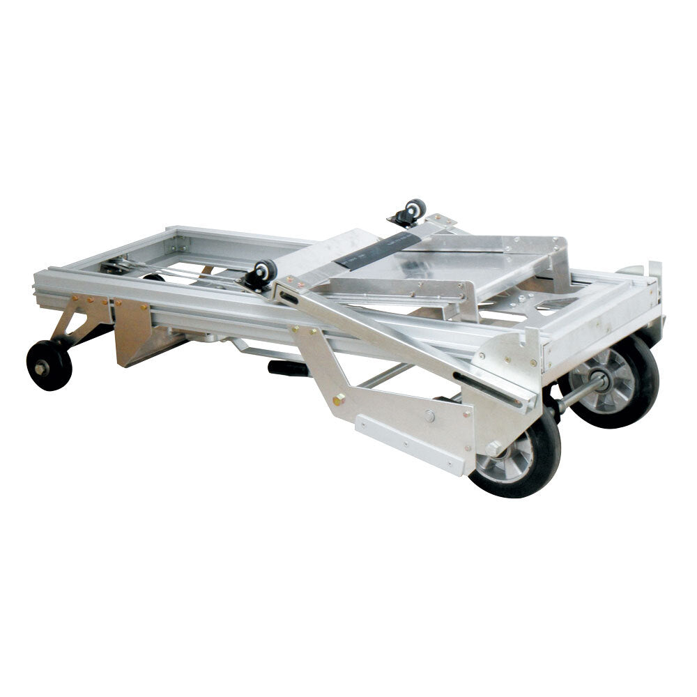 Mini Aluminium Hand Stacker Trolley folded down with large wheels, designed for easy transport and storage, featuring a sturdy frame.