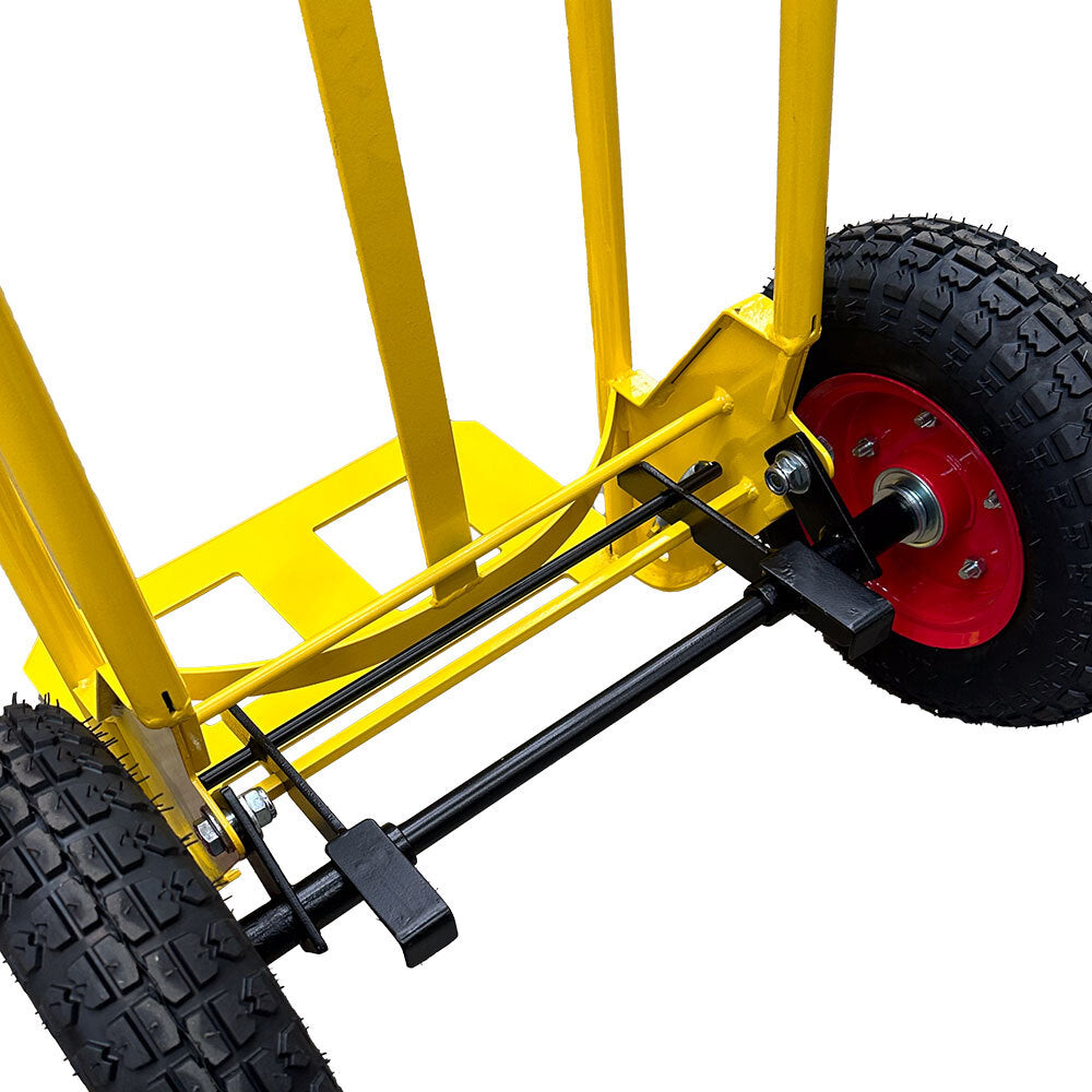 Close-up of a yellow hand truck's base, featuring black supports and red wheels with textured tread for easy maneuverability.