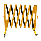 A yellow and black retractable safety barrier, designed to block access, with a zigzag pattern and wheels for mobility.