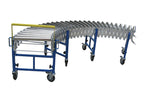 Expandable blue conveyor, 600mm wide, with interlocking metal rollers and sturdy caster wheels for mobility.