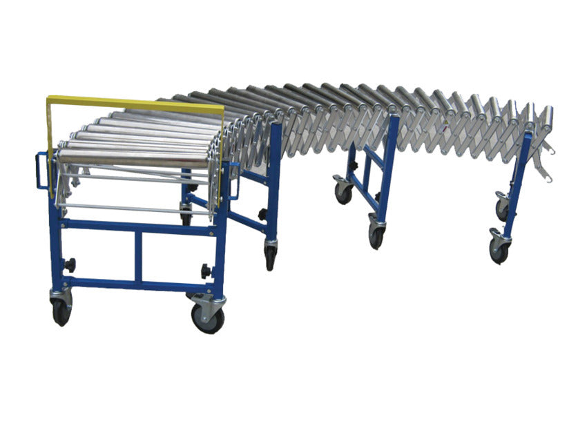 Expandable blue conveyor, 600mm wide, with interlocking metal rollers and sturdy caster wheels for mobility.