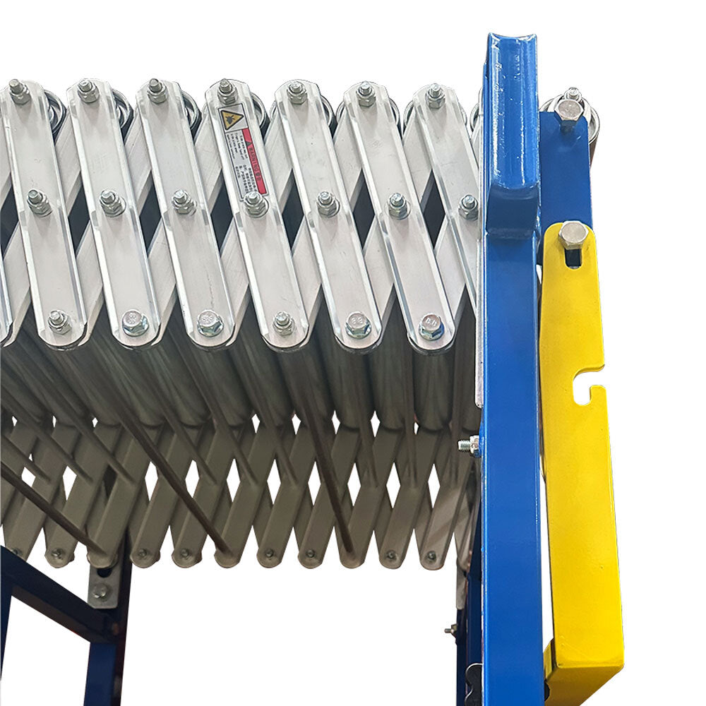 Close-up of expandable metal conveyor rollers with blue and yellow frame.