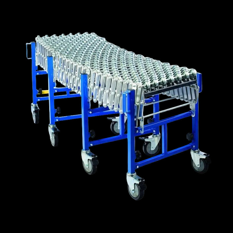 Blue flexible roller conveyor with metal rollers, adjustable legs, and swivel casters for mobility and shape adjustment.